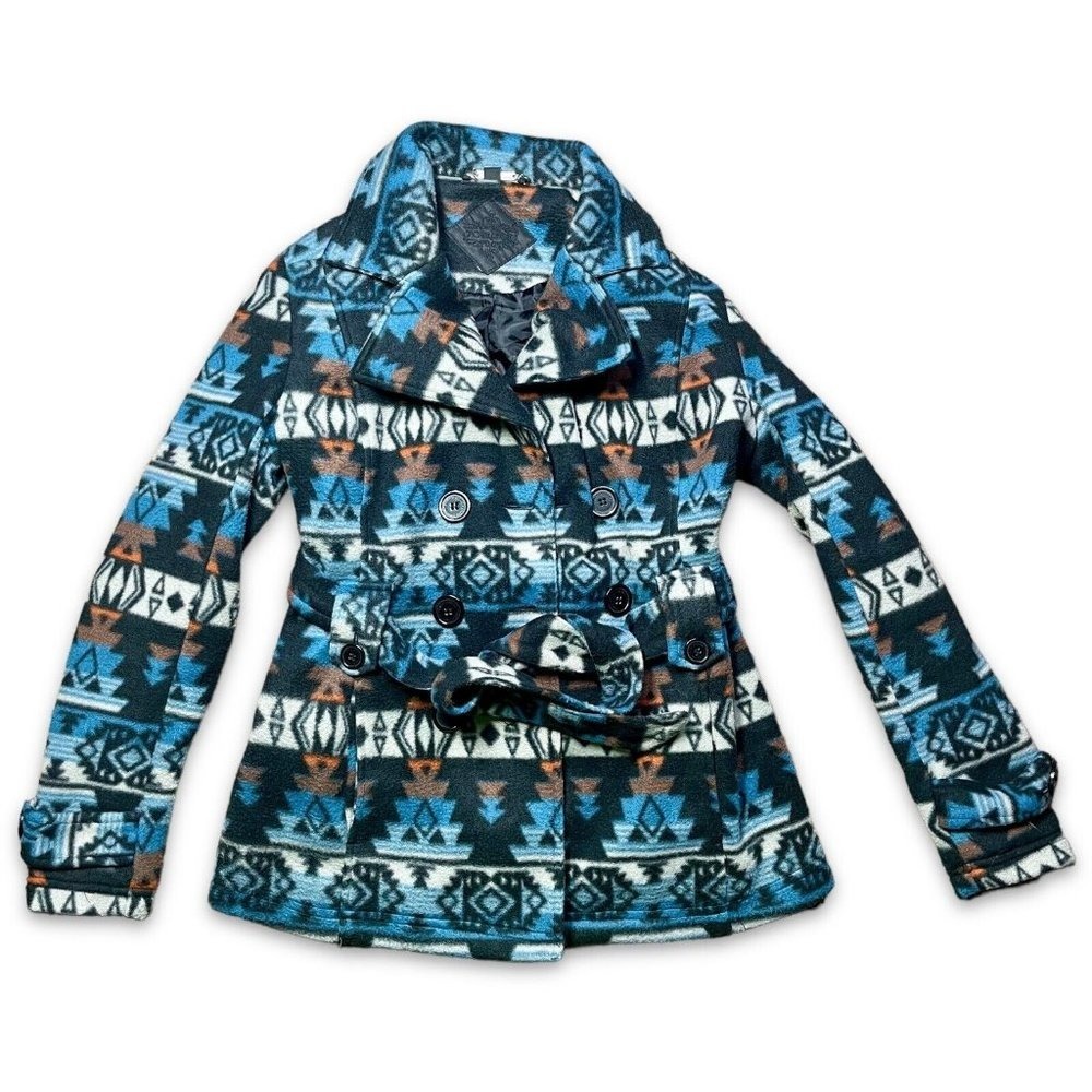 Joujou Blue Aztec Print Fleece Hooded Jacket Peacoat Belt Women's Size Small
